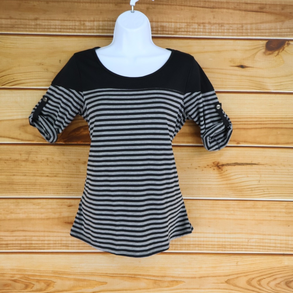 Espresso Blouse‎ Shirt Womens Size S Gray Black Striped Cuffed Sleeves Stretch